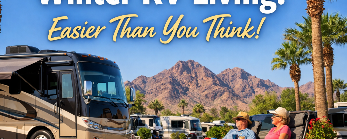 Winter RV living at Western Sands RV Resort with snowbirds relaxing outside their RV in mild weather