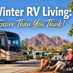 Winter RV living at Western Sands RV Resort with snowbirds relaxing outside their RV in mild weather