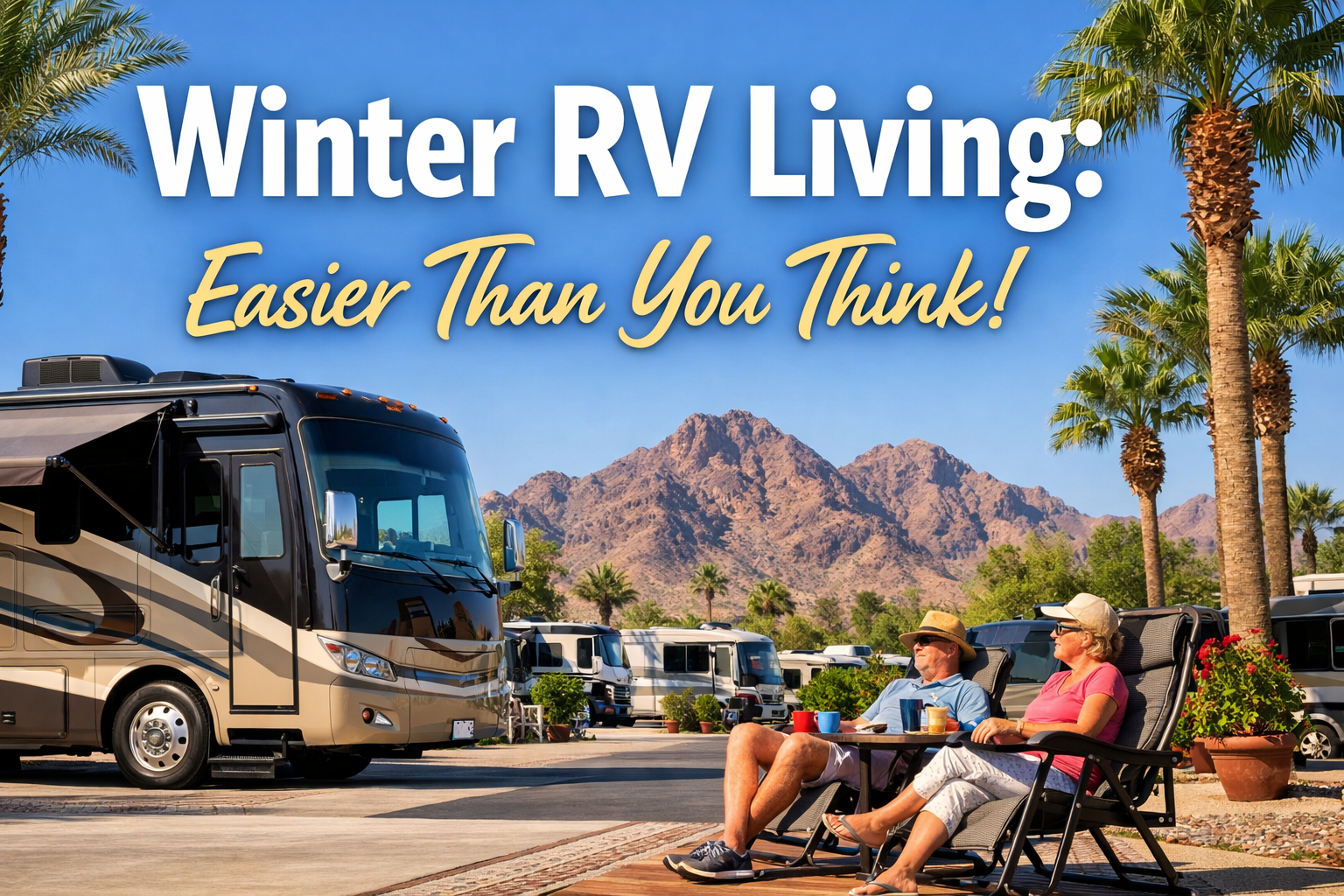 Winter RV living at Western Sands RV Resort with snowbirds relaxing outside their RV in mild weather