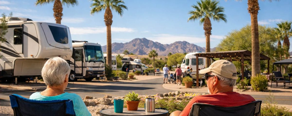 Snowbirds relaxing at an RV resort in Yuma Arizona during winter