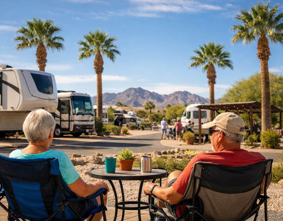 Snowbirds relaxing at an RV resort in Yuma Arizona during winter