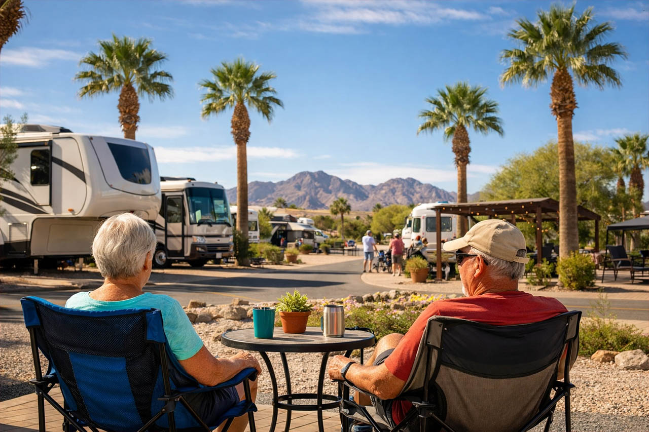 Snowbirds relaxing at an RV resort in Yuma Arizona during winter