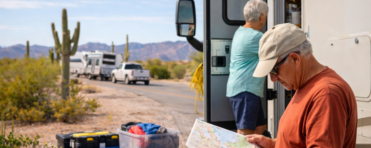 RV travelers preparing for a spring road trip after winter in Arizona