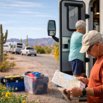 RV travelers preparing for a spring road trip after winter in Arizona