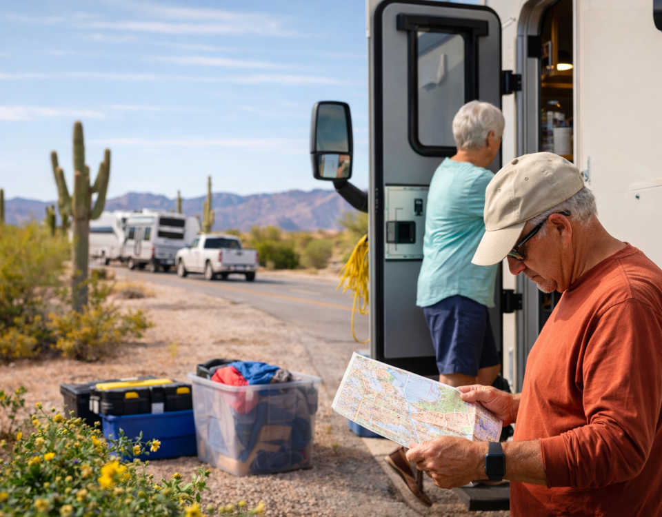 RV travelers preparing for a spring road trip after winter in Arizona
