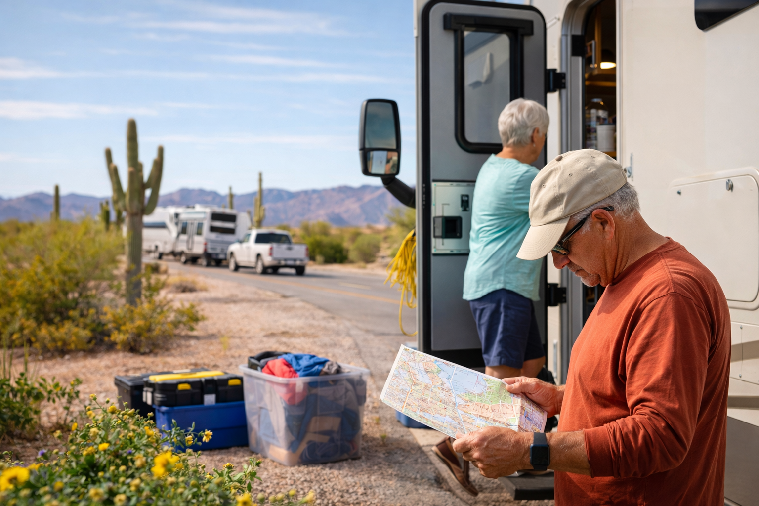 RV travelers preparing for a spring road trip after winter in Arizona