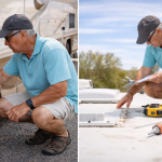 RV owner inspecting tires and roof before summer travel