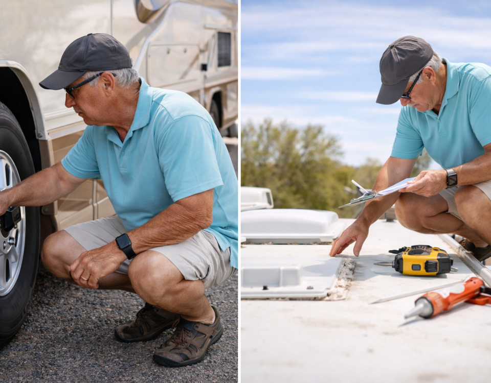 RV owner inspecting tires and roof before summer travel