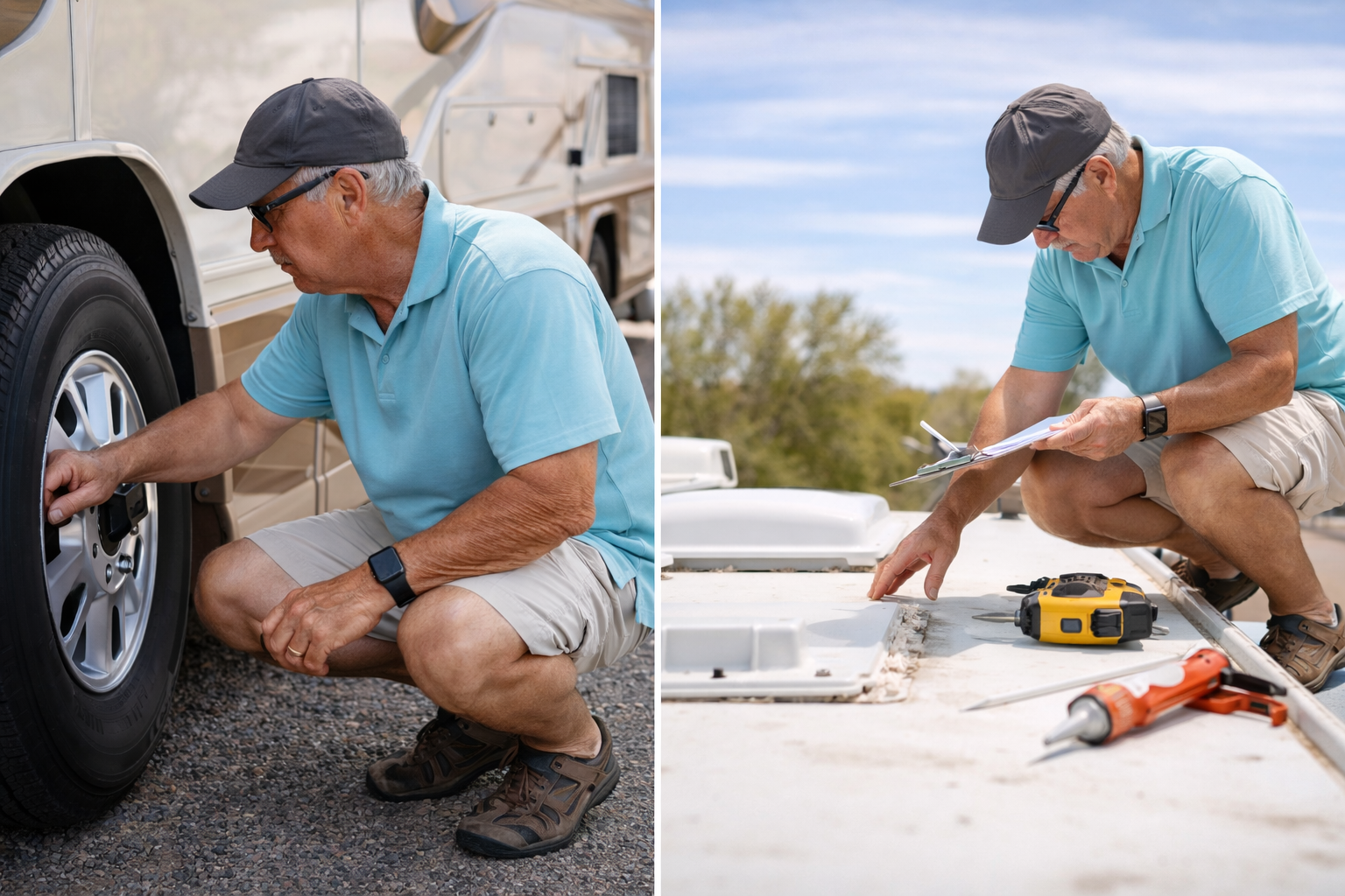 RV owner inspecting tires and roof before summer travel